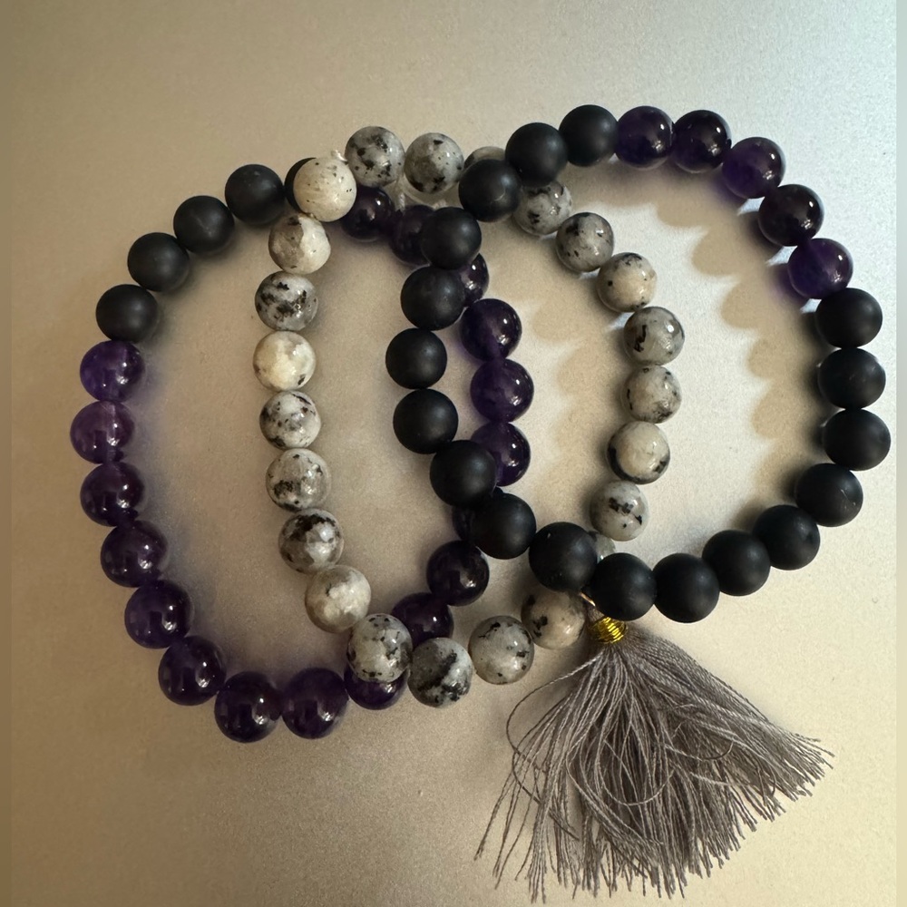 Elegant Beaded Bracelet Set - Black, Purple, Gray